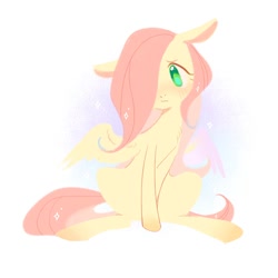 Size: 750x750 | Tagged: safe, artist:dreamsugar, imported from derpibooru, fluttershy, pegasus, pony, abstract background, female, hair over one eye, mare, simple background, sitting, solo, sparkles, spread wings, white background, wings