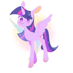 Size: 750x750 | Tagged: safe, artist:dreamsugar, imported from derpibooru, twilight sparkle, alicorn, pony, abstract background, eye clipping through hair, female, horn, mare, simple background, solo, sparkles, spread wings, twilight sparkle (alicorn), white background, wings