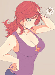 Size: 628x855 | Tagged: safe, artist:doktor-d, imported from derpibooru, sunset shimmer, human, equestria girls, bare shoulders, breasts, busty sunset shimmer, cleavage, clothes, cutie mark on clothes, female, hand on hip, messy hair, simple background, sleeveless, solo, speech bubble, tanktop, thinking