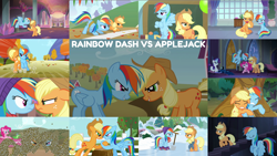 Size: 1968x1108 | Tagged: safe, edit, edited screencap, editor:quoterific, imported from derpibooru, screencap, applejack, gummy, pinkie pie, rainbow dash, rarity, alligator, bee, earth pony, insect, pegasus, pony, unicorn, castle mane-ia, fall weather friends, non-compete clause, season 1, season 4, season 8, the ticket master, triple pony dare ya, angry, applejack's hat, balloon, clothes, cowboy hat, duo, duo female, eyes closed, female, floppy ears, flying, glowing, glowing horn, hat, hoofwrestle, horn, magic, magic aura, mare, open mouth, running, school of friendship, trio, trio female, voice actor joke, winter outfit