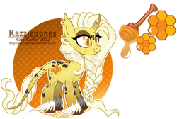Size: 1024x690 | Tagged: safe, artist:kazziepones, imported from derpibooru, oc, oc only, oc:honey charmer, pony, unicorn, braid, curved horn, female, horn, mare, simple background, solo, transparent background