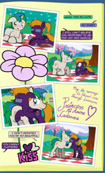 Size: 1920x3168 | Tagged: safe, artist:alexdti, imported from derpibooru, oc, oc:purple creativity, oc:star logic, pegasus, pony, unicorn, comic:quest for friendship, ^^, blushing, comic, crying, dialogue, ears back, eyes closed, female, flower, folded wings, glasses, glowing, glowing horn, grammar error, high res, hoof over mouth, horn, hug, kissing, looking at someone, lying down, magic, male, mare, narrowed eyes, oc x oc, open mouth, open smile, outdoors, pegasus oc, picnic blanket, prone, shipping, smiling, speech bubble, stallion, tears of joy, telekinesis, two toned mane, underhoof, unicorn oc, wall of tags, wings