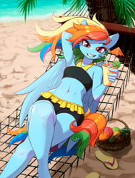 Size: 3016x4000 | Tagged: safe, artist:alcor, imported from derpibooru, rainbow dash, anthro, pegasus, plantigrade anthro, abs, barefoot, basket, beach, belly button, bikini, breasts, clothes, crossed legs, cup, drink, feet, female, flip-flops, footprint, fruit, grin, hammock, herbivore, implied plantigrade anthro, looking at you, lying down, midriff, on back, palm tree, sandals, sexy, small breasts, smiling, smiling at you, solo, stupid sexy rainbow dash, swimsuit, tree