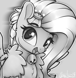 Size: 1130x1165 | Tagged: safe, artist:llametsul, imported from derpibooru, kerfuffle, pegasus, pony, rainbow roadtrip, bell, bell collar, black and white, bust, chest fluff, clothes, collar, grayscale, looking at you, monochrome, open mouth, open smile, signature, smiling, solo