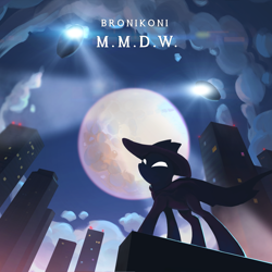 Size: 1688x1688 | Tagged: safe, artist:erinliona, imported from derpibooru, mare do well, pony, album cover, camera, city, full moon, moon, solo