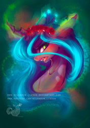 Size: 2480x3508 | Tagged: safe, artist:wilvarin-liadon, imported from derpibooru, queen chrysalis, changeling, changeling queen, blushing, bust, fangs, female, floral head wreath, flower, high res, mare, patreon, portrait, solo, watermark
