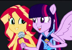 Size: 685x482 | Tagged: safe, artist:sunriseshimmer1275, imported from derpibooru, sunset shimmer, twilight sparkle, human, equestria girls, rainbow rocks, black background, duo, duo female, female, jpg, looking at each other, looking at someone, microphone, simple background, welcome to the show