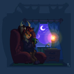 Size: 1000x1000 | Tagged: safe, artist:gor1ck, imported from derpibooru, oc, oc only, deer, armchair, bathrobe, candle, chair, clothes, commission, crescent moon, curtains, deer oc, glasses, male, moon, mug, non-pony oc, robe, slippers, solo