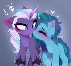 Size: 2821x2628 | Tagged: safe, artist:magnaluna, imported from derpibooru, opaline arcana, alicorn, pony, unicorn, spoiler:g5, spoiler:my little pony: make your mark, blushing, boop, curly mane, female, g5, harsher in hindsight, high res, lesbian, mare, misty brightdawn, mistyline, my little pony: make your mark, noseboop, shipping