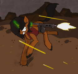 Size: 2144x2050 | Tagged: safe, imported from derpibooru, oc, oc only, pony, unicorn, fallout equestria, angry, clothes, dirt, female, gun, horn, mare, shooting, solo, unicorn oc, vest, wasteland, weapon