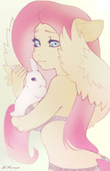 Size: 758x1175 | Tagged: safe, artist:coffune, artist:elronya, artist:eltaile, imported from derpibooru, angel bunny, fluttershy, anthro, pegasus, rabbit, animal, cute, duo, equine, female, holding, looking at you, mare, shyabetes, simple background