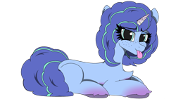 Size: 3840x2160 | Tagged: safe, artist:straighttothepointstudio, imported from derpibooru, pony, unicorn, :p, curly hair, curly mane, digital art, female, freckles, g5, happy, looking at you, lying down, mare, misty brightdawn, my little pony: make your mark, simple background, solo, tongue out, transparent background, unshorn fetlocks