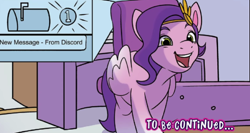 Size: 896x475 | Tagged: safe, idw, imported from derpibooru, pipp petals, pegasus, pony, spoiler:comic, spoiler:g5comic, spoiler:g5comic04, ..., cropped, email, female, g5, headband, implied discord, jewelry, mail, mailbox, mare, my little pony: a new generation, regalia, solo, to be continued