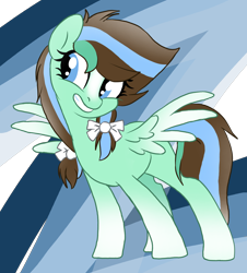 Size: 1398x1544 | Tagged: artist needed, source needed, safe, imported from derpibooru, oc, oc only, oc:mint sky, pegasus, pony, blue eyes, brown hair, brown tail, cute, female, hooves, mare, smiling, standing, tail