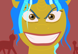 Size: 1600x1106 | Tagged: safe, artist:ksldrdpl, imported from derpibooru, pony, unicorn, avatar the last airbender, azula, big smile, blue mane, crazy eyes, crazy face, dc comics, faic, golden eyes, haircut, insanity, lipstick, looking at you, messy mane, ponified, the joker