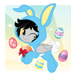 Size: 5000x5000 | Tagged: safe, artist:jhayarr23, imported from derpibooru, oc, oc only, oc:lightning dee, pegasus, pony, rabbit, animal, animal costume, bunny costume, clothes, colored sclera, commission, costume, easter egg, fangs, female, folded wings, mare, one eye closed, solo, wings, wink, ych result