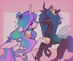 Size: 1614x1334 | Tagged: safe, artist:saberkitty666, imported from derpibooru, princess celestia, queen chrysalis, alicorn, changeling, pony, accessory swap, chryslestia, crown, cute, cutealis, cutelestia, duo, female, floating heart, heart, horn, jewelry, lesbian, looking at each other, looking at someone, regalia, shipping, wings