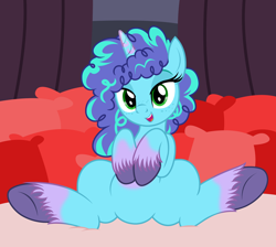 Size: 2092x1872 | Tagged: safe, artist:badumsquish, derpibooru exclusive, imported from derpibooru, pony, unicorn, spoiler:g5, bed, bedroom eyes, blanket, bust, coat markings, curly mane, curtains, featureless crotch, female, freckles, g4, g5, g5 to g4, generation leap, happy, looking at you, mare, misty brightdawn, pillow, sitting, smiling, socks (coat markings), solo, spread legs, spreading, two toned coat, unshorn fetlocks, what are we gonna do on the bed?