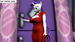 Size: 1920x1080 | Tagged: safe, artist:zapattackinflation, imported from derpibooru, rarity, anthro, earth pony, pony, series:apple bloom and the mysterious doll, 3d, big breasts, breasts, busty rarity, carousel boutique, clothes, door, dress, female, glasses, purse, rarity's glasses, smiling, source filmmaker, text