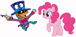 Size: 1202x593 | Tagged: safe, artist:pagiepoppie12345, imported from derpibooru, pinkie pie, earth pony, pony, big top (mario party 8), bowtie, clothes, crossover, cufflinks, female, gremlin, hat, male, mare, mario party, mario party 8, mc ballyhoo, microphone, one eye closed, raised hoof, simple background, smiling, super mario bros., tuxedo, white background, wink