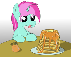 Size: 2000x1600 | Tagged: safe, artist:amateur-draw, imported from derpibooru, oc, oc only, oc:belle boue, pony, unicorn, butter, food, male, pancakes, solo, stallion, syrup, tongue out