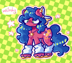 Size: 2315x2037 | Tagged: safe, artist:toaestt, imported from derpibooru, melody, earth pony, pony, my little pony tales, bow, checkered background, chest fluff, clothes, curly hair, ear piercing, earring, female, g1, hair bow, jewelry, leg warmers, necklace, piercing, solo, wavy mane