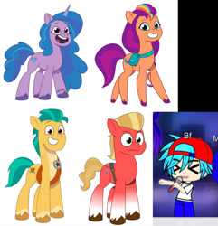 Size: 1324x1372 | Tagged: safe, imported from derpibooru, hitch trailblazer, izzy moonbow, sprout cloverleaf, sunny starscout, earth pony, pony, unicorn, boyfriend (friday night funkin), friday night funkin', g5, my little pony: tell your tale, triple trouble, youtuber:androsonic2