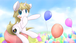 Size: 6000x3400 | Tagged: safe, artist:dshou, artist:nyaseiru, imported from twibooru, oc, oc only, oc:balloons, pony, unicorn, balloon, balloon riding, balloon sitting, cute, female, hair over one eye, happy, image, looking at you, mare, needs more jpeg, solo, that pony sure does love balloons