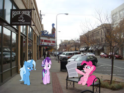 Size: 1024x768 | Tagged: safe, artist:deyrasd, artist:hendro107, artist:jaredking779, imported from derpibooru, pinkie pie, starlight glimmer, trixie, earth pony, pony, unicorn, billings, female, irl, mare, montana, newspaper, photo, ponies in real life