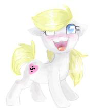 Size: 189x217 | Tagged: safe, artist:dearmary, edit, editor:strifesnout, oc, oc only, oc:aryanne, :3, blonde, blushing, cute, female, flockmod, happy, looking up, nazi, open mouth, smiling, solo, standing, swastika