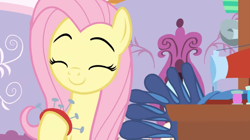 Size: 1064x596 | Tagged: safe, imported from ponybooru, screencap, fluttershy, pegasus, dragon dropped, eyes closed, female, mare, pincushion, smiling