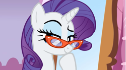 Size: 1033x575 | Tagged: safe, imported from ponybooru, screencap, rarity, unicorn, dragon dropped, female, glasses, hoof rubbing chin, hooves, mare, mischievous, sly