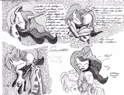 Size: 3348x2552 | Tagged: safe, artist:dereklestrange, applejack, princess celestia, oc, oc:anon, alicorn, human, pony, fanfic:exchange, blushing, clothes, cursive writing, fanfic art, female, holding a pony, hug, jewelry, kissing, love, male, mare, monochrome, regalia, simple background, smiling, text, traditional art, tuxedo, waving, white background