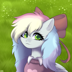 Size: 1920x1920 | Tagged: safe, artist:alunedoodles, imported from derpibooru, oc, oc only, oc:blazey sketch, pegasus, bow, clothes, grass, green eyes, grey fur, hair bow, long hair, looking at you, multicolored hair, pegasus oc, small wings, smiling, smiling at you, solo, sweater, uwu, wings