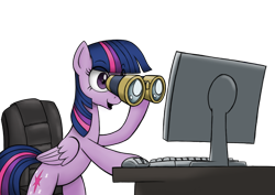 Size: 1200x850 | Tagged: safe, artist:anearbyanimal, edit, imported from twibooru, twilight sparkle, pegasus, pony, binoculars, chair, computer, female, image, mare, meme, pegasus twilight sparkle, png, ponified meme, race swap, reaction image, simple background, solo, transparent background