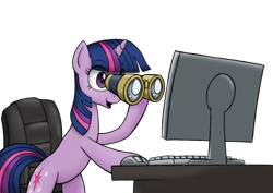 Size: 1200x850 | Tagged: safe, artist:anearbyanimal, edit, imported from twibooru, twilight sparkle, pony, unicorn, binoculars, chair, computer, female, image, mare, meme, png, ponified meme, reaction image, simple background, solo, transparent background, unicorn twilight