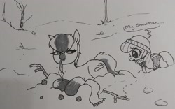 Size: 2542x1584 | Tagged: safe, artist:pony quarantine, apple bloom, oc, oc:snow sitter, earth pony, pony, clothes, coat, dialogue, duo, female, filly, hat, mare, monochrome, scarf, snow, snowpony (species), taiga pony