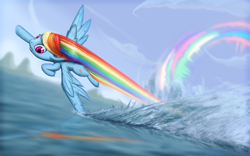 Size: 3360x2100 | Tagged: safe, artist:i-am-knot, imported from derpibooru, rainbow dash, pegasus, pony, backwards cutie mark, female, flying, mare, ocean, solo, sonic rainboom, water, wave