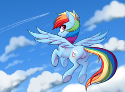 Size: 1080x792 | Tagged: safe, artist:trippinmars, imported from derpibooru, rainbow dash, pegasus, pony, butt, cloud, cute, dashabetes, featureless crotch, female, flying, hooves, mare, plot, rear view, sky, solo, spread wings, underhoof, wings