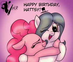 Size: 2182x1863 | Tagged: safe, artist:horsepen, pinkie pie, oc, oc:hattsy, earth pony, pony, eyes closed, female, hat, hug, mare, one eye closed, open mouth, simple background, smiling, top hat