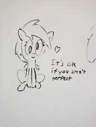 Size: 1536x2048 | Tagged: safe, artist:purppone, derpy hooves, pegasus, pony, female, heart, mare, monochrome, simple background, sitting, smiling, whiteboard