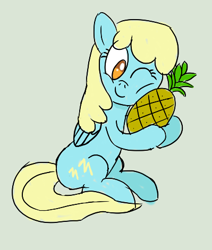 Size: 399x471 | Tagged: safe, artist:purppone, sassaflash, pegasus, pony, female, food, gray background, hug, mare, one eye closed, pineapple, simple background, sitting, smiling