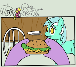 Size: 307x270 | Tagged: safe, artist:purppone, cherry berry, lyra heartstrings, pinkie pie, twilight sparkle, earth pony, pony, unicorn, burger, chair, eating, female, food, hamburger, mare, offscreen character, plate, pov, smiling, table