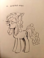 Size: 768x1024 | Tagged: safe, artist:mellodillo, imported from derpibooru, tree hugger, earth pony, pony, female, high, lidded eyes, mare, monochrome, open mouth, pencil drawing, solo, traditional art