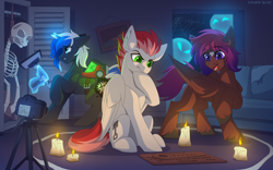 Size: 3462x2160 | Tagged: safe, artist:strafe blitz, imported from derpibooru, oc, oc only, oc:equui-nox, oc:shaded star, oc:swift apex, pegasus, pony, unicorn, bone, camera, candle, couch, horn, magic, night, ouija board, pegasus oc, phasmophobia, poltergust g-00, sitting, skeleton, slim, telekinesis, trio, unicorn oc