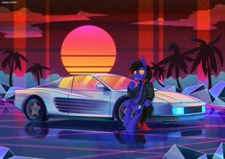 Size: 3508x2480 | Tagged: safe, artist:wavecipher, imported from derpibooru, oc, oc only, earth pony, pony, car, commission, ferrari, ferrari testarossa, solo, synthwave