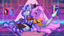 Size: 3840x2160 | Tagged: safe, artist:wavecipher, imported from derpibooru, oc, oc only, oc:cinnabyte, oc:lillybit, earth pony, pony, clothes, commission, computer, computer mouse, duo, headphones, heart, hoof heart, laptop computer, retro, socks, striped socks, white pupils