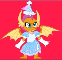 Size: 720x696 | Tagged: safe, alternate version, artist:darlycatmake, imported from derpibooru, smolder, dragon, angry, clothes, cute, defending, dragon wings, dragoness, dress, dressup, female, froufrou glittery lacy outfit, glare, gloves, gritted teeth, hat, hennin, long gloves, mama bear, princess, princess smolder, protecting, ready to fight, red background, simple background, smolderbetes, spread wings, squint, teeth, wings