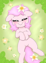 Size: 1341x1833 | Tagged: safe, artist:heretichesh, imported from derpibooru, oc, oc only, oc:kayla, earth pony, pony, blushing, comfy, cute, eyes closed, female, filly, floppy ears, flower, flower in hair, foal, lying down, ocbetes, on back, overhead view, smiling, solo