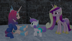 Size: 1920x1080 | Tagged: safe, artist:ponygamer2020, idw, imported from derpibooru, princess amore, princess cadance, princess flurry heart, alicorn, pony, unicorn, 3d, crown, crystal empire, diaper, family, female, grandmother, grandmother and grandchild, grandmother and granddaughter, happy, jewelry, meeting, mother and child, mother and daughter, regalia, smiling, source filmmaker, trio, trio female